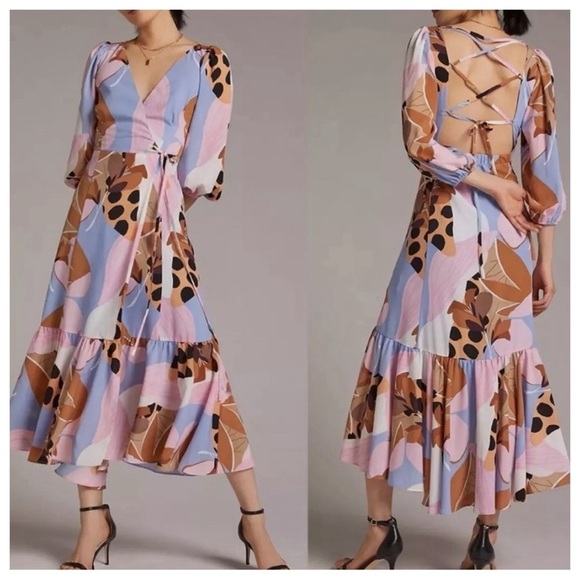 Hutch Anthropologie Bloom Wrap Midi Dress Size XSP Lace Up Back - Picture 2 of 13